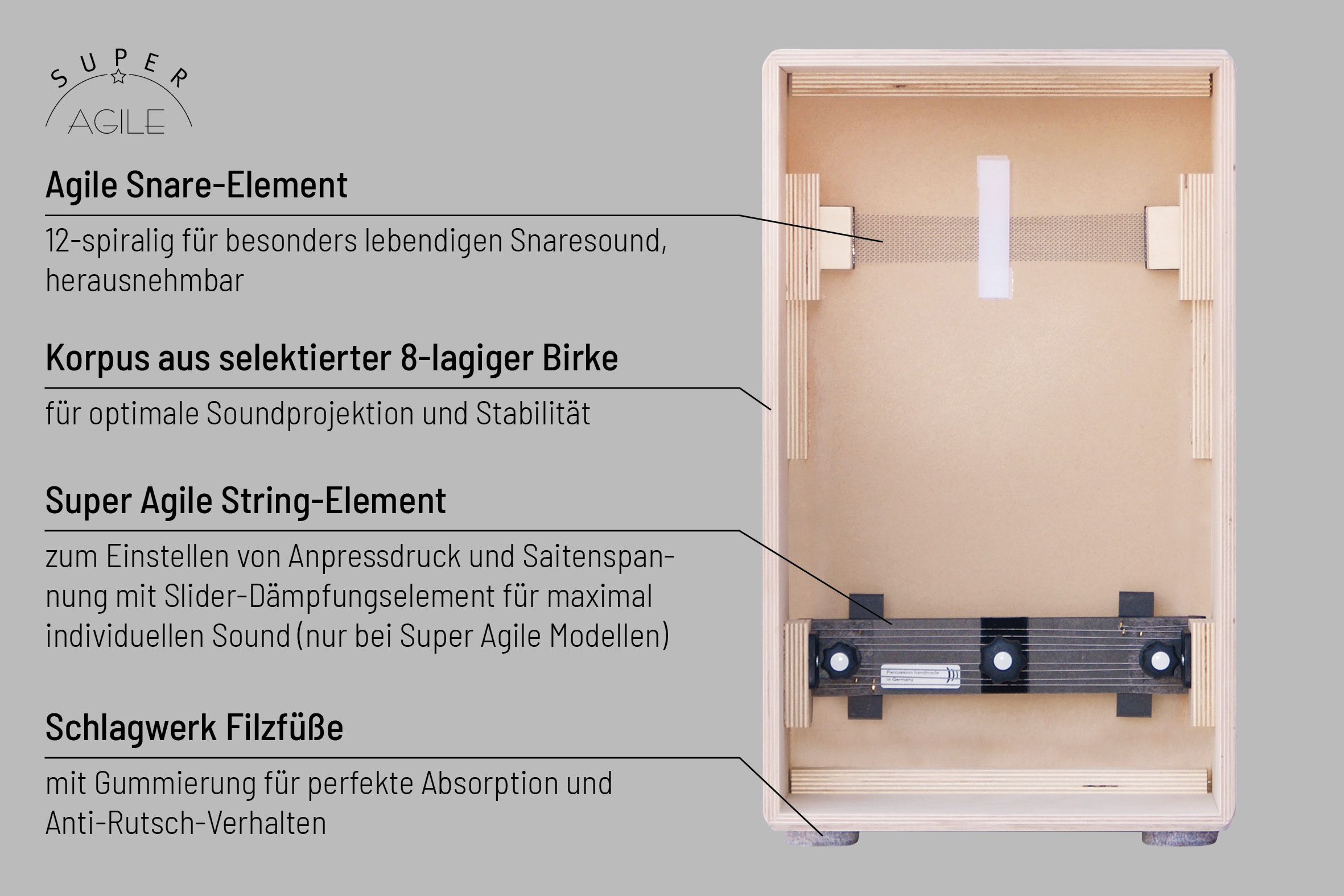 Agile Snare-Element 12-spiralig für besonders lebendigen Snaresound, herausnehmbar. Korpus aus selektierter 8-lagiger Birke für optimale Soundprojektion und Stabilität. Super Agile String-Element zum Einstellen von Anpressdruck und Saitenspannung mit Slider-Dämpfungselement für maximal individuellen Sound (nur bei Super Agile Modellen). Schlagwerk Filzfüße mit Gummierung für perfekte Absorption und Anti-Rutsch-Verhalten.