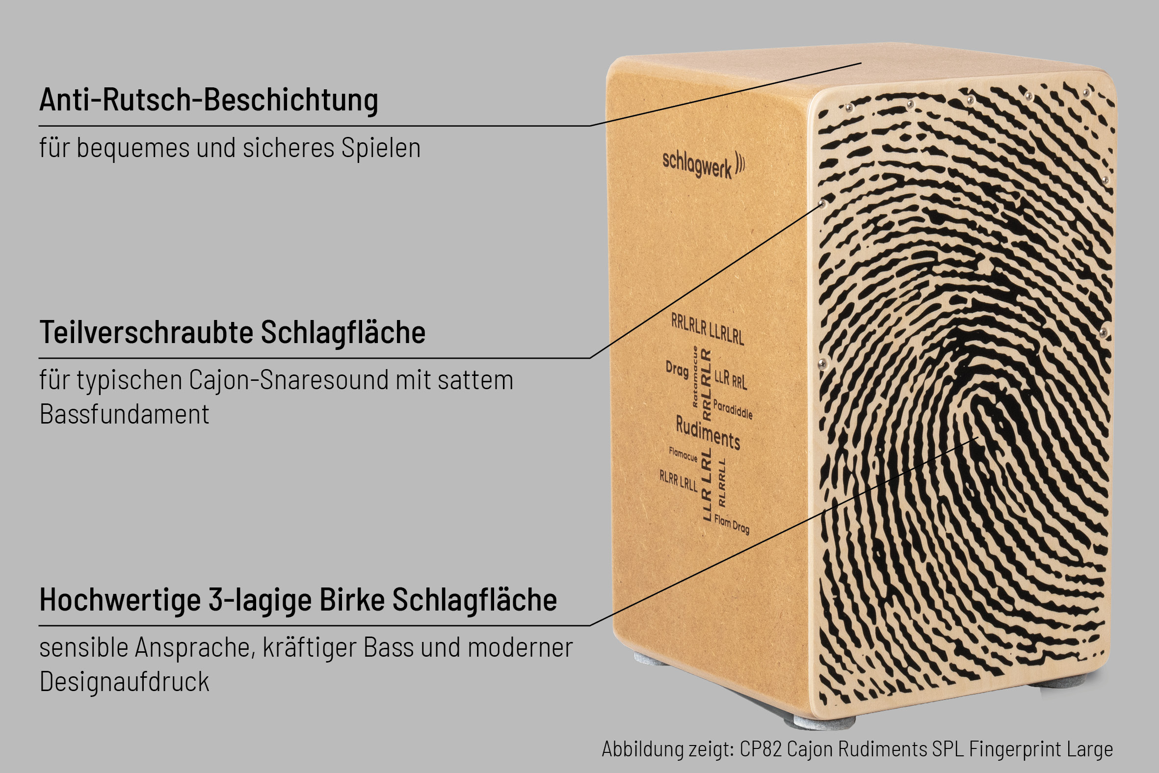 Anti-Rutsch-Beschichtung für bequemes und sicheres Spielen. Teilverschraubte Schlagfläche für typischen Cajon-Snaresound mit sattem Bassfundament. Hochwertige 3-lagige Birke Schlagfläche sensible Ansprache, kräftiger Bass und moderner Designaufdruck. Abbildung zeigt: CP82 Cajon Rudiments SPL Fingerprint Large.