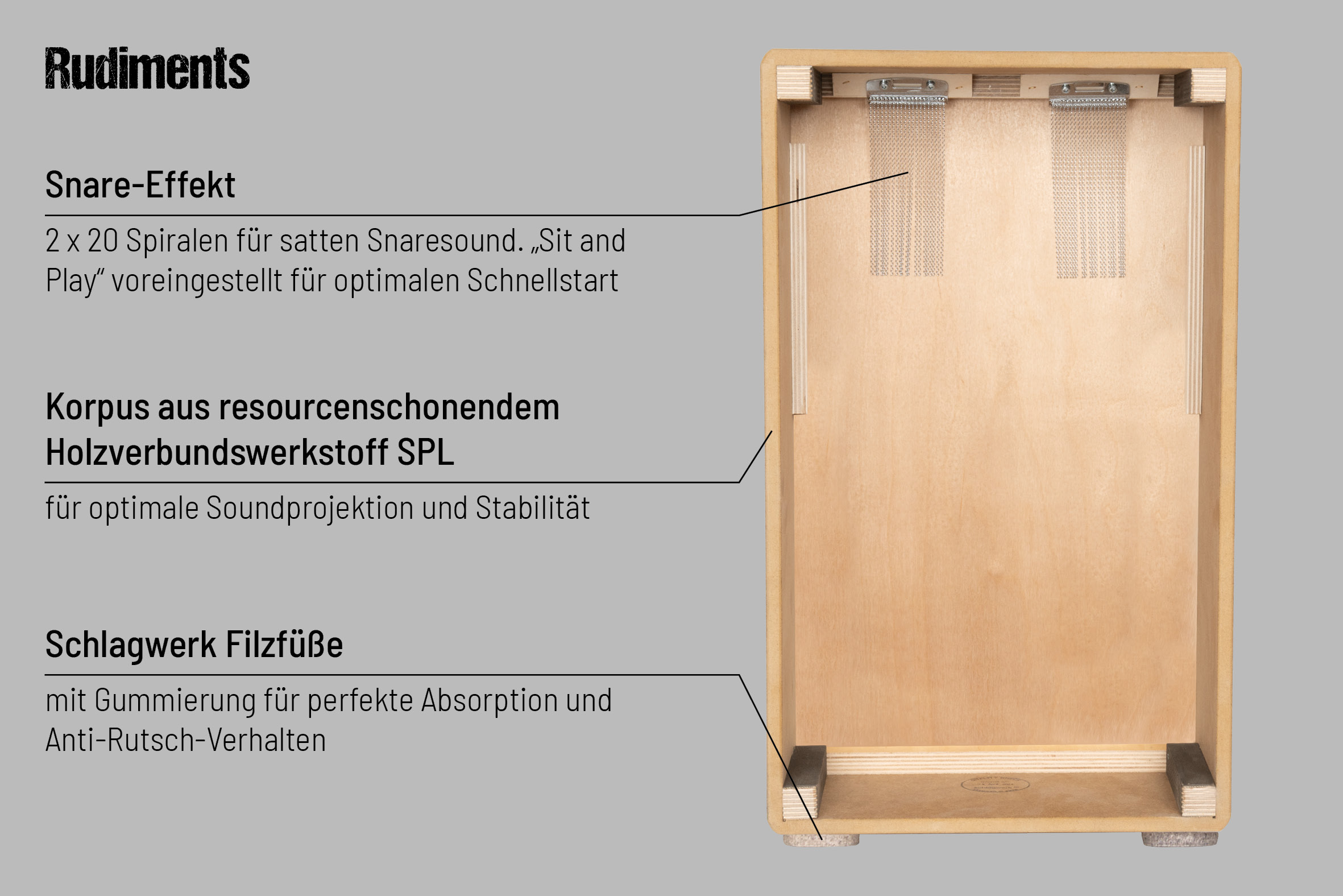 Snare-Effekt: 2 x 20 Spiralen für satten Snaresound. „Sit and Play“ voreingestellt für optimalen Schnellstart. Korpus aus resourcenschonendem Holzverbundswerkstoff SPL für optimale Soundprojektion und Stabilität. Schlagwerk Filzfüße mit Gummierung für perfekte Absorption und Anti-Rutsch-Verhalten.